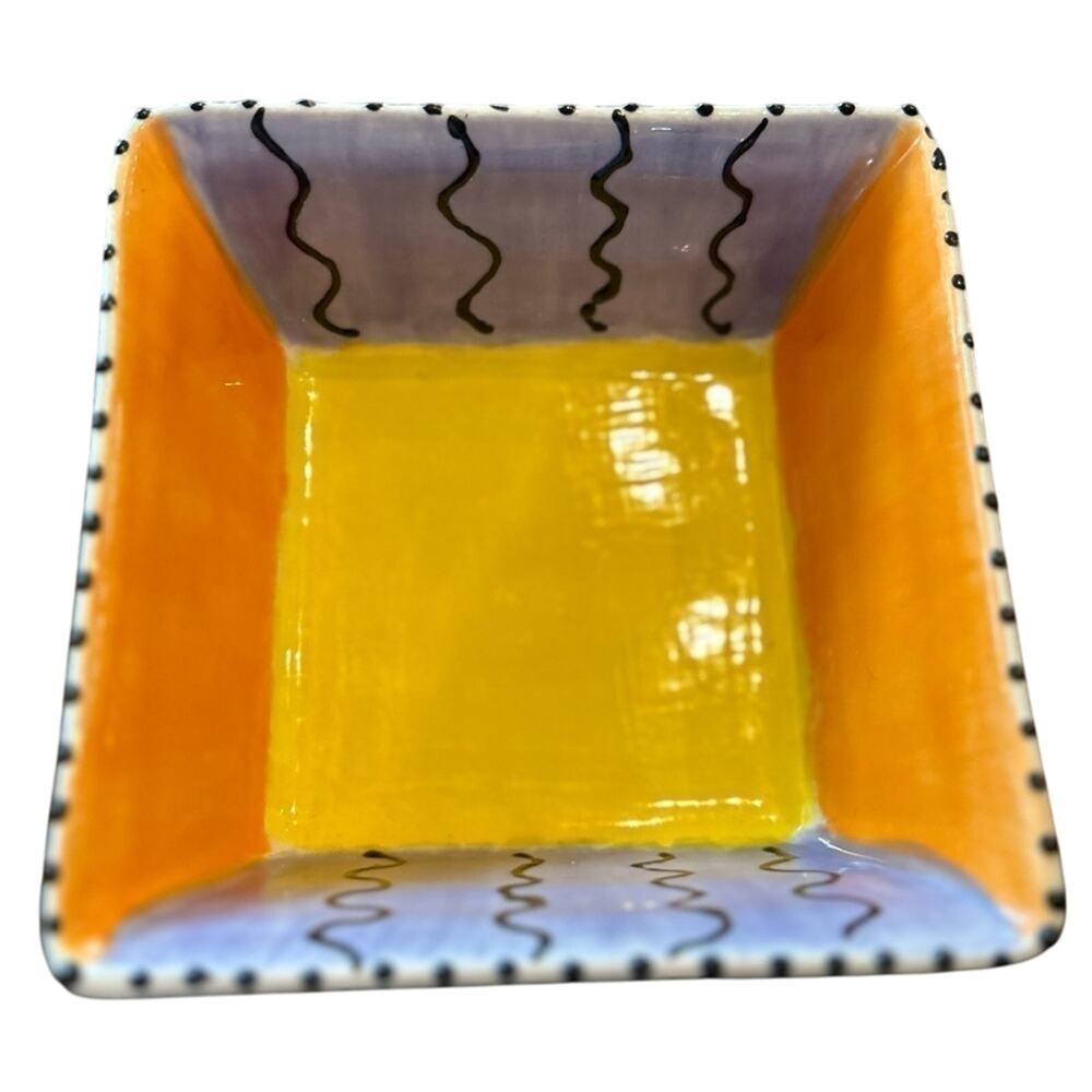 Square Ceramic‎ Bowl 5in Multicolor Signed 2000 Striped Homemade Bright Eclectic